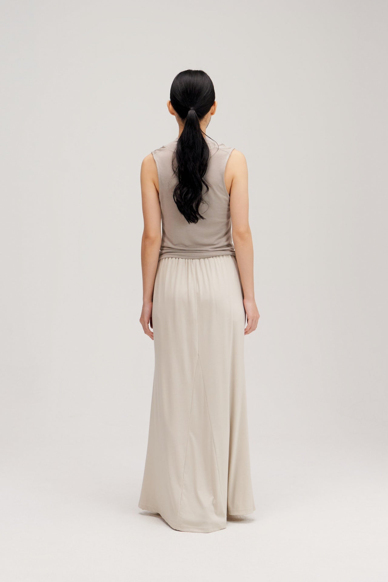 Lyocell Knit High Neck Drape Sheer Tank Top (Grey)