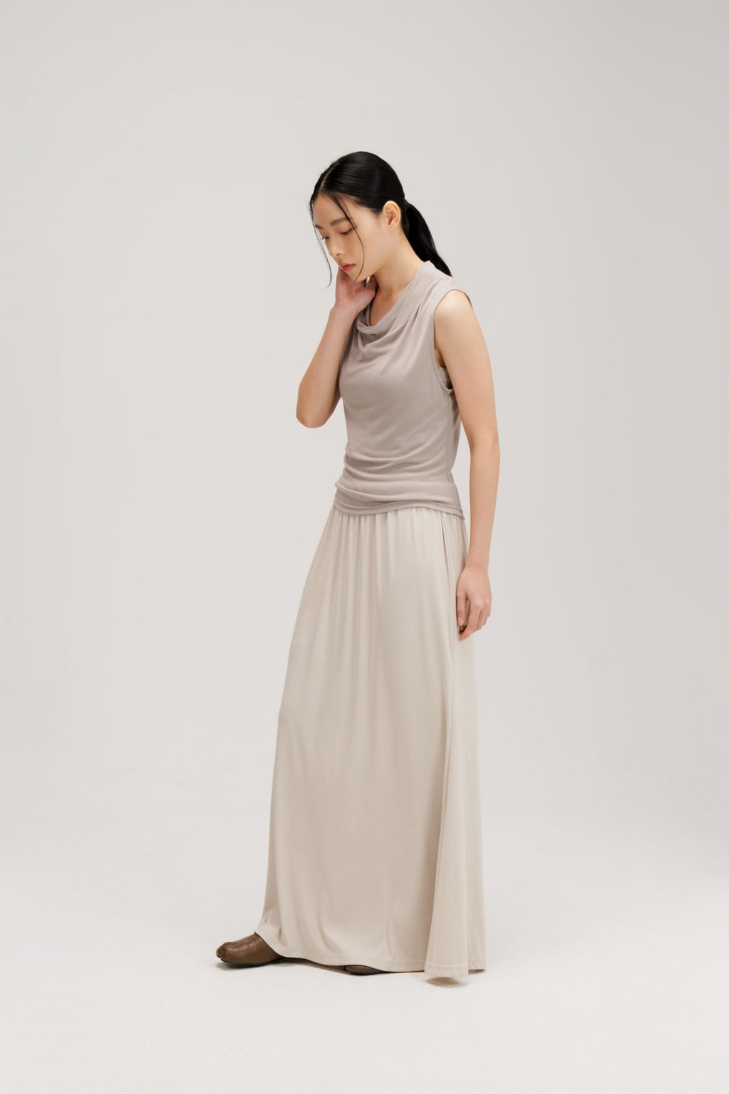 Lyocell Knit High Neck Drape Sheer Tank Top (Grey)