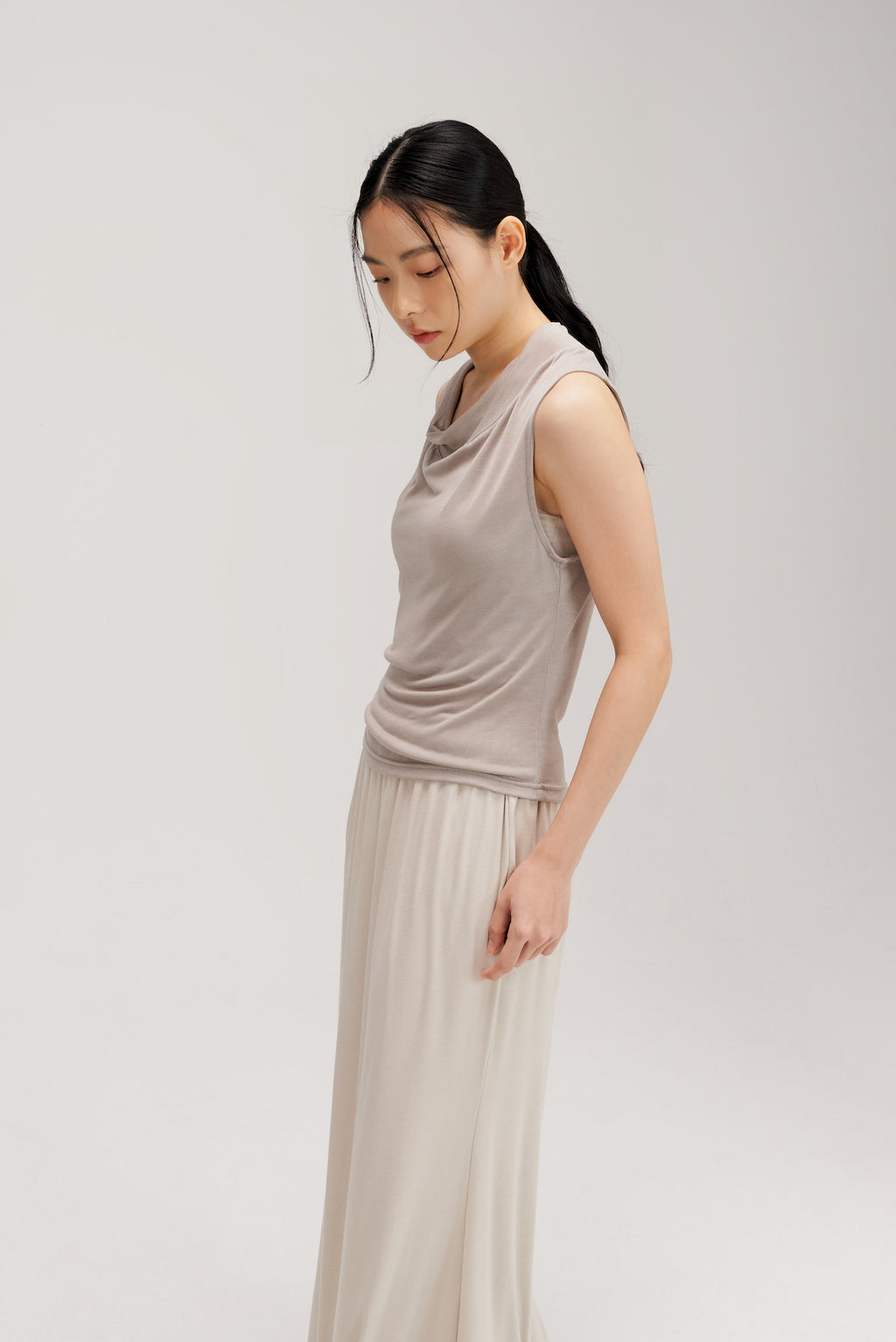 Lyocell Knit High Neck Drape Sheer Tank Top (Grey)
