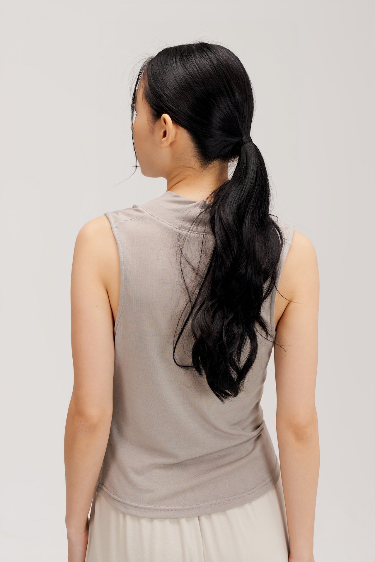 Lyocell Knit High Neck Drape Sheer Tank Top (Grey)