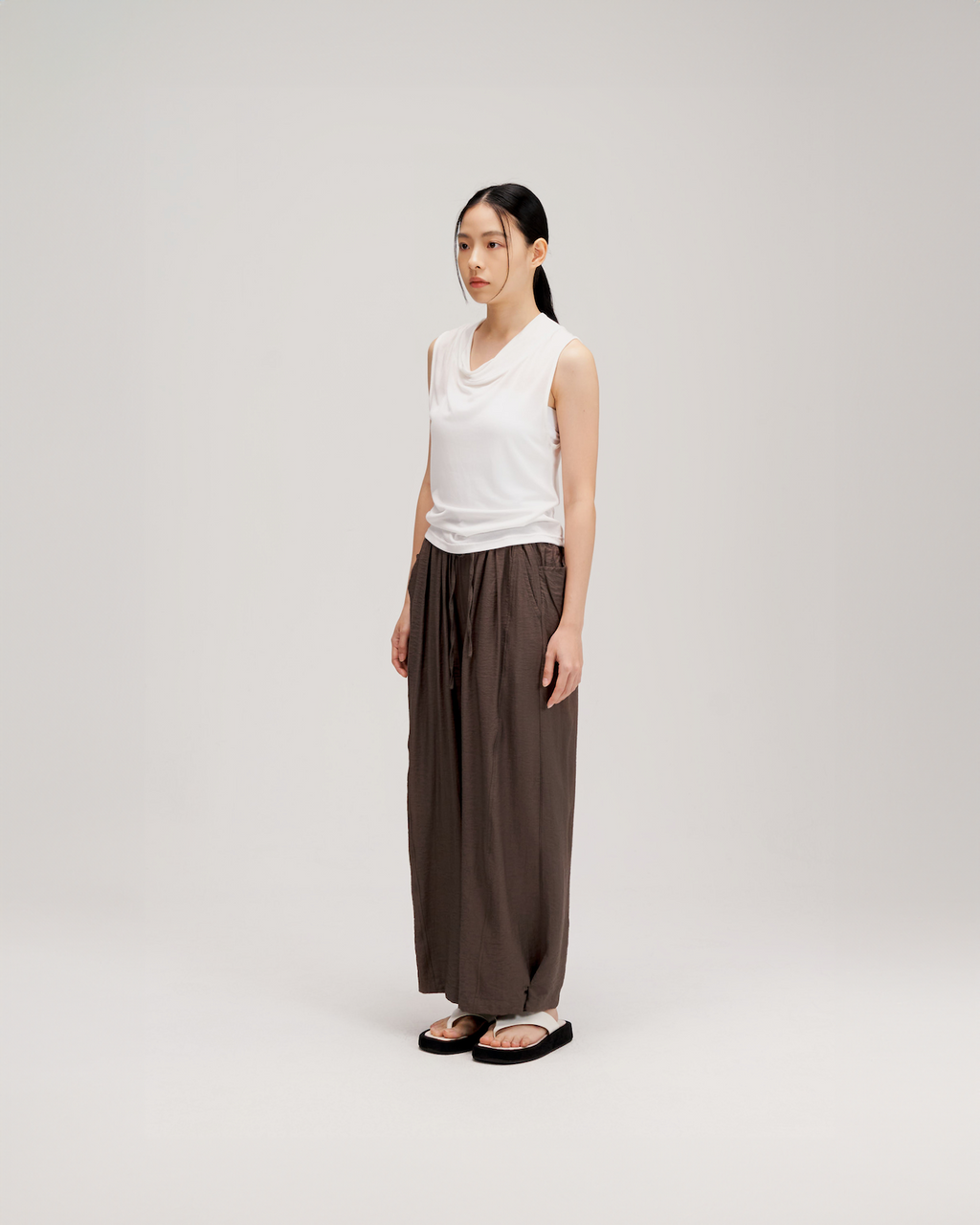 Lyocell Knit High Drape Neck Sheer Tank Top (White)