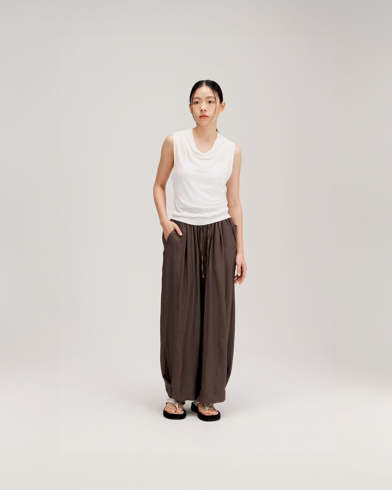 Lyocell Knit High Drape Neck Sheer Tank Top (White)