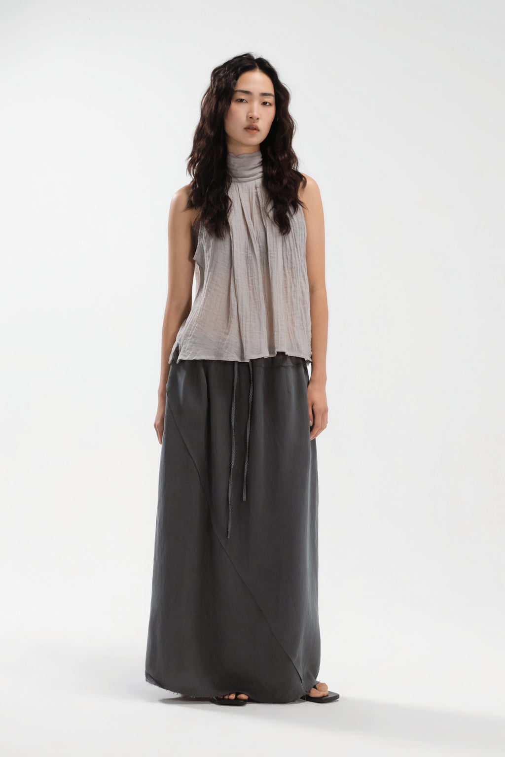 Sheer Pleated High Neck Scarf Top (Cool Grey)