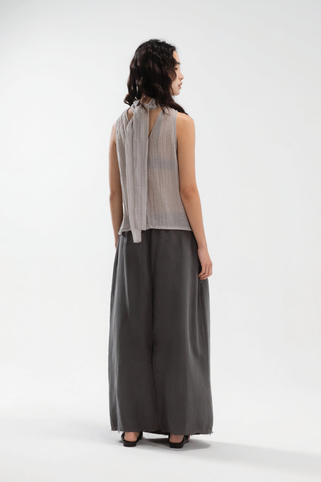 Sheer Pleated High Neck Scarf Top (Cool Grey)