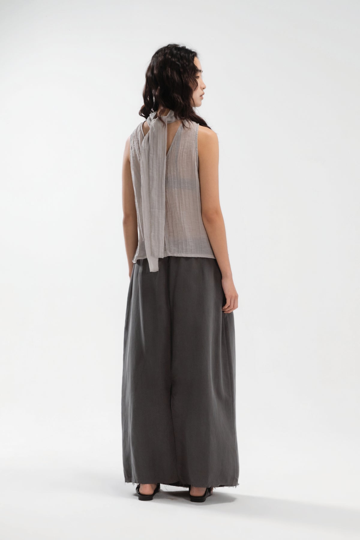 Sheer Pleated High Neck Scarf Top (Cool Grey)