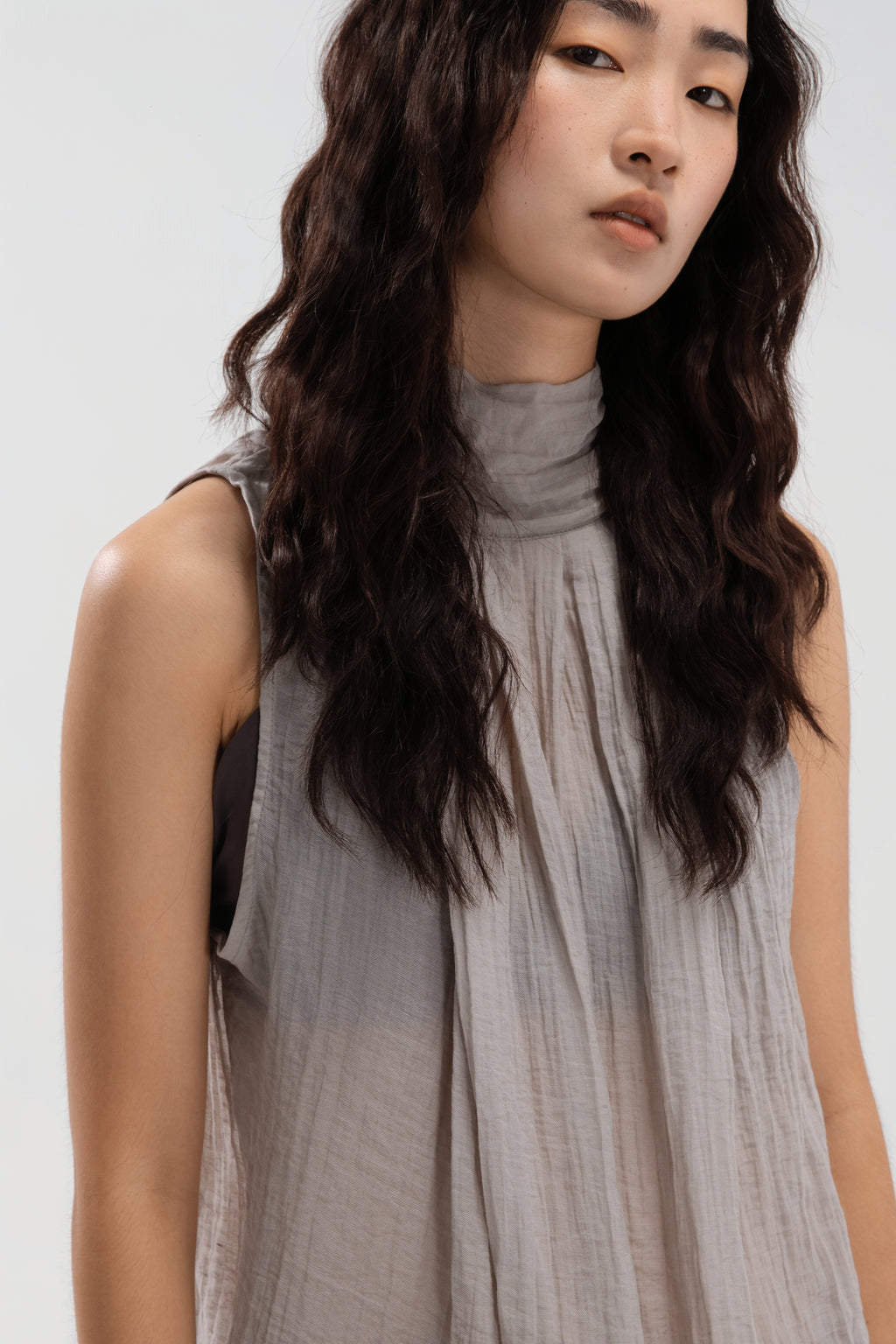 Sheer Pleated High Neck Scarf Top (Cool Grey)