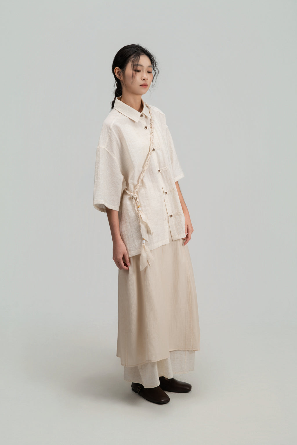 Gender Neutral Modern Mandarin Button Shirt (Beige)