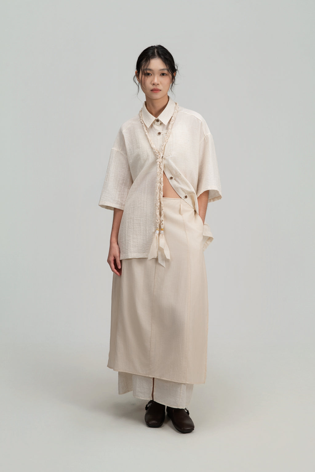 Gender Neutral Modern Mandarin Button Shirt (Beige)