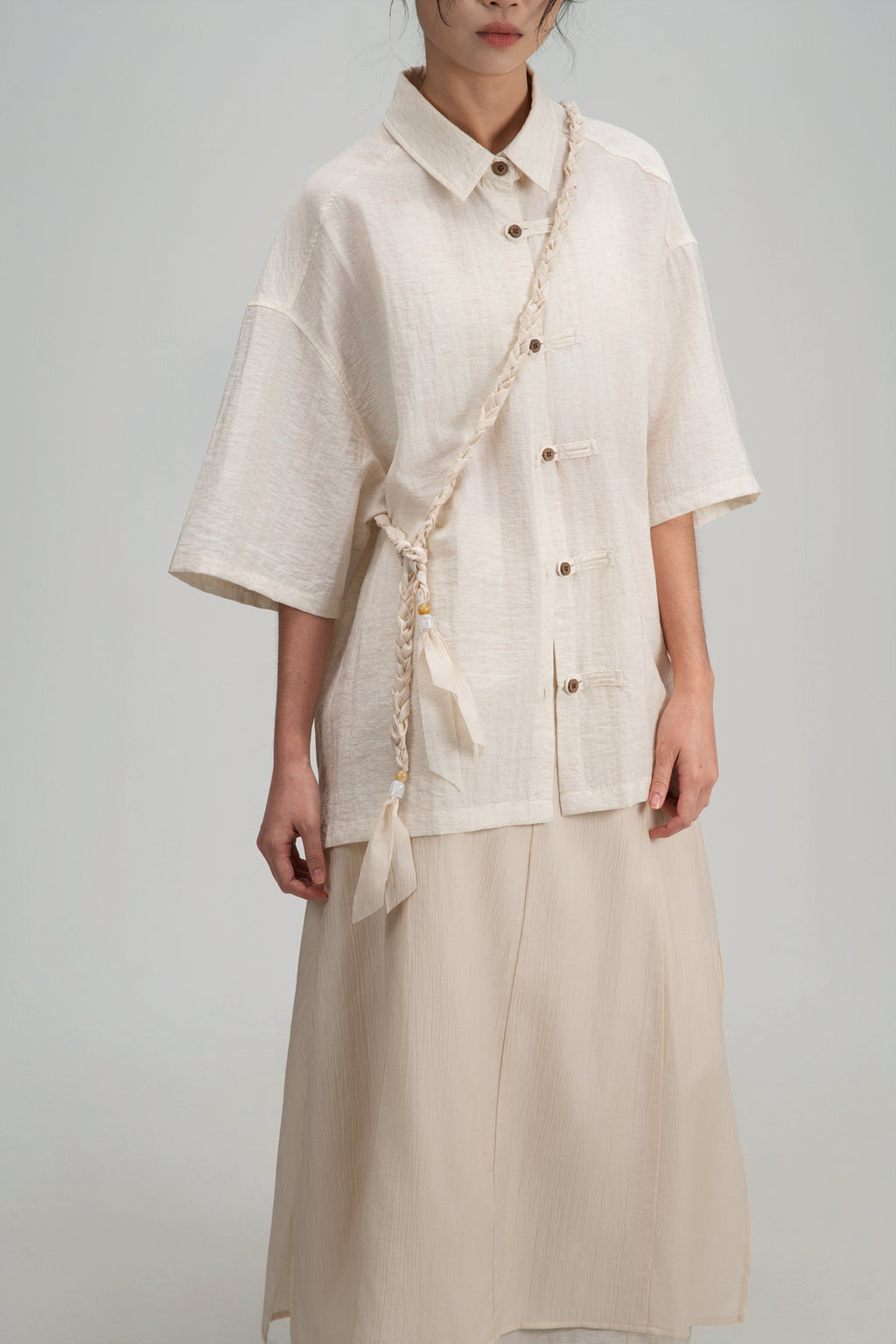 Gender Neutral Modern Mandarin Button Shirt (Beige)