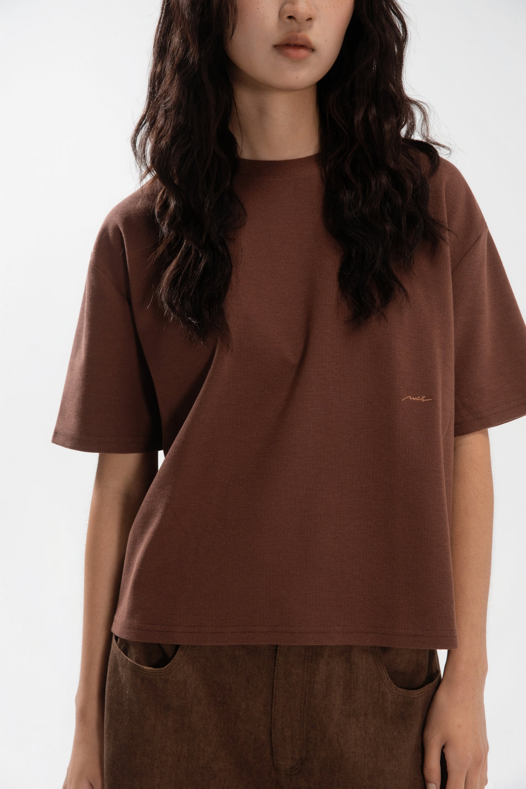 Gender Neutral Boxy Crop Waffle Tee (Brown)