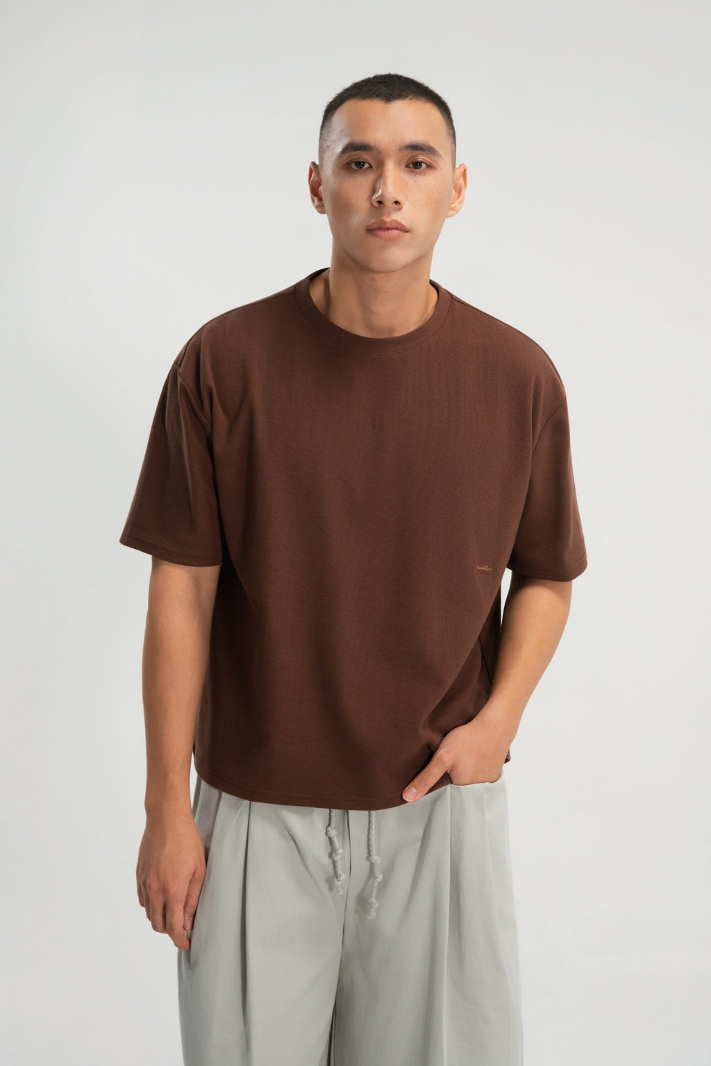 Gender Neutral Boxy Crop Waffle Tee (Brown)