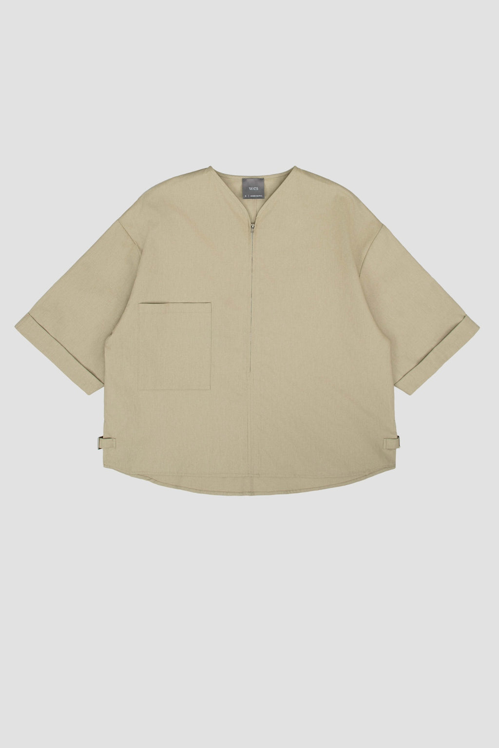 Gender Neutral Collarless Half-Zipper Shirt (Beige)