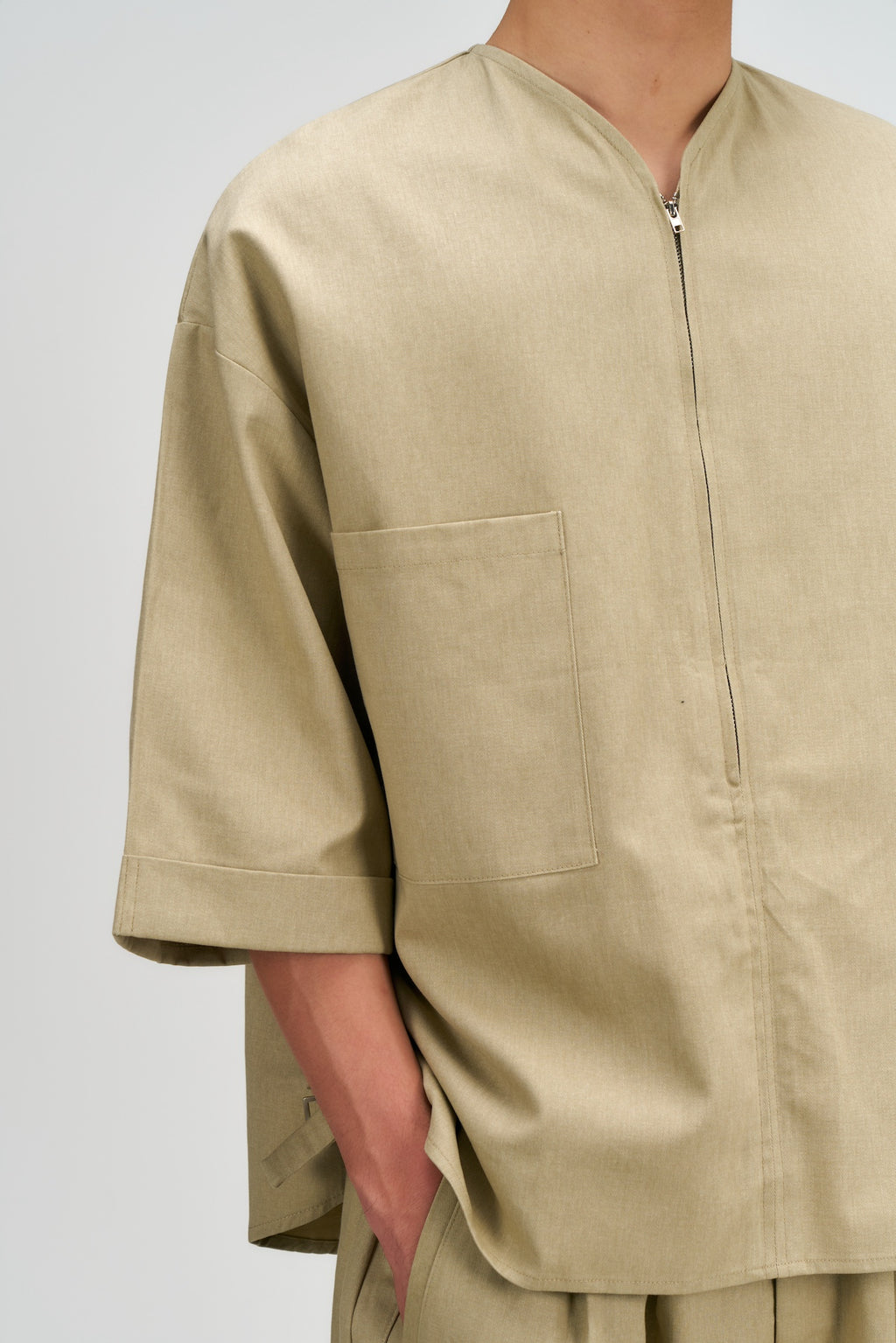 Gender Neutral Collarless Half-Zipper Shirt (Beige)