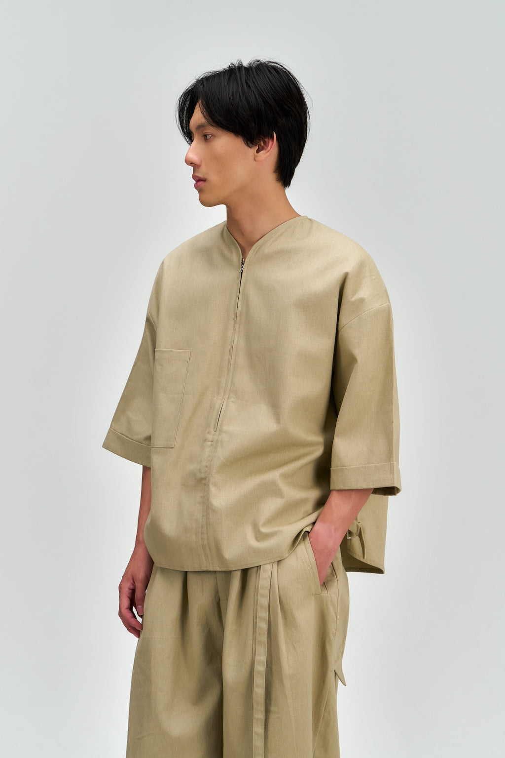 Gender Neutral Collarless Half-Zipper Shirt (Beige)