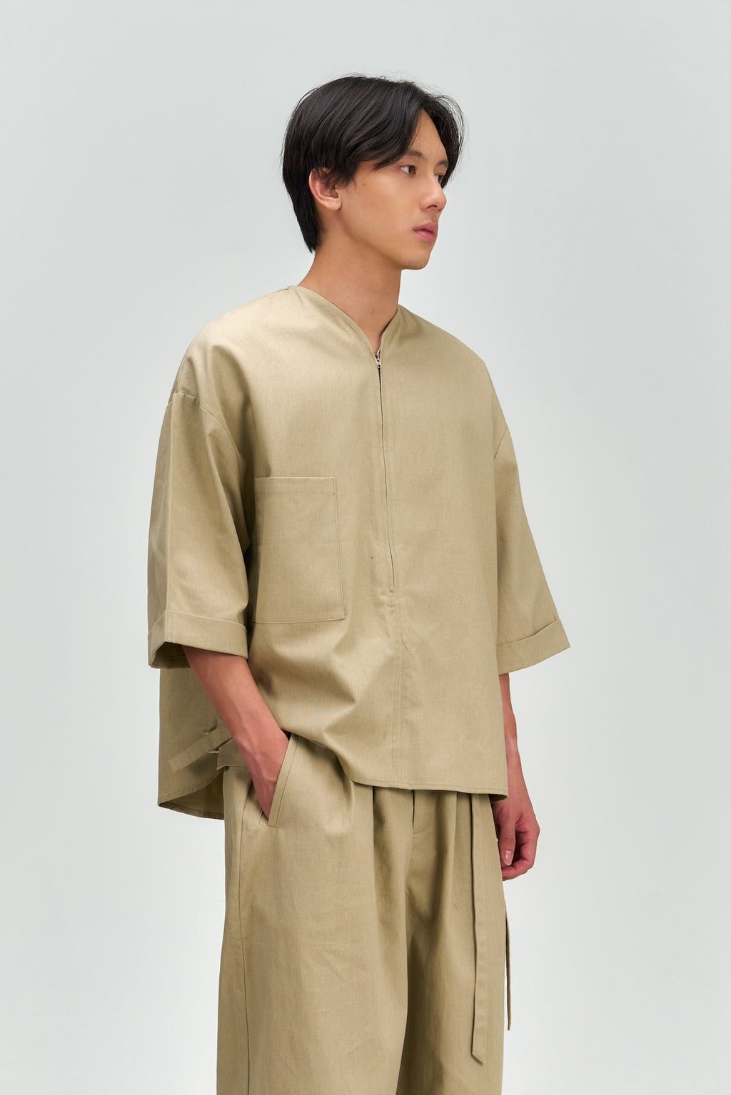 Gender Neutral Collarless Half-Zipper Shirt (Beige)