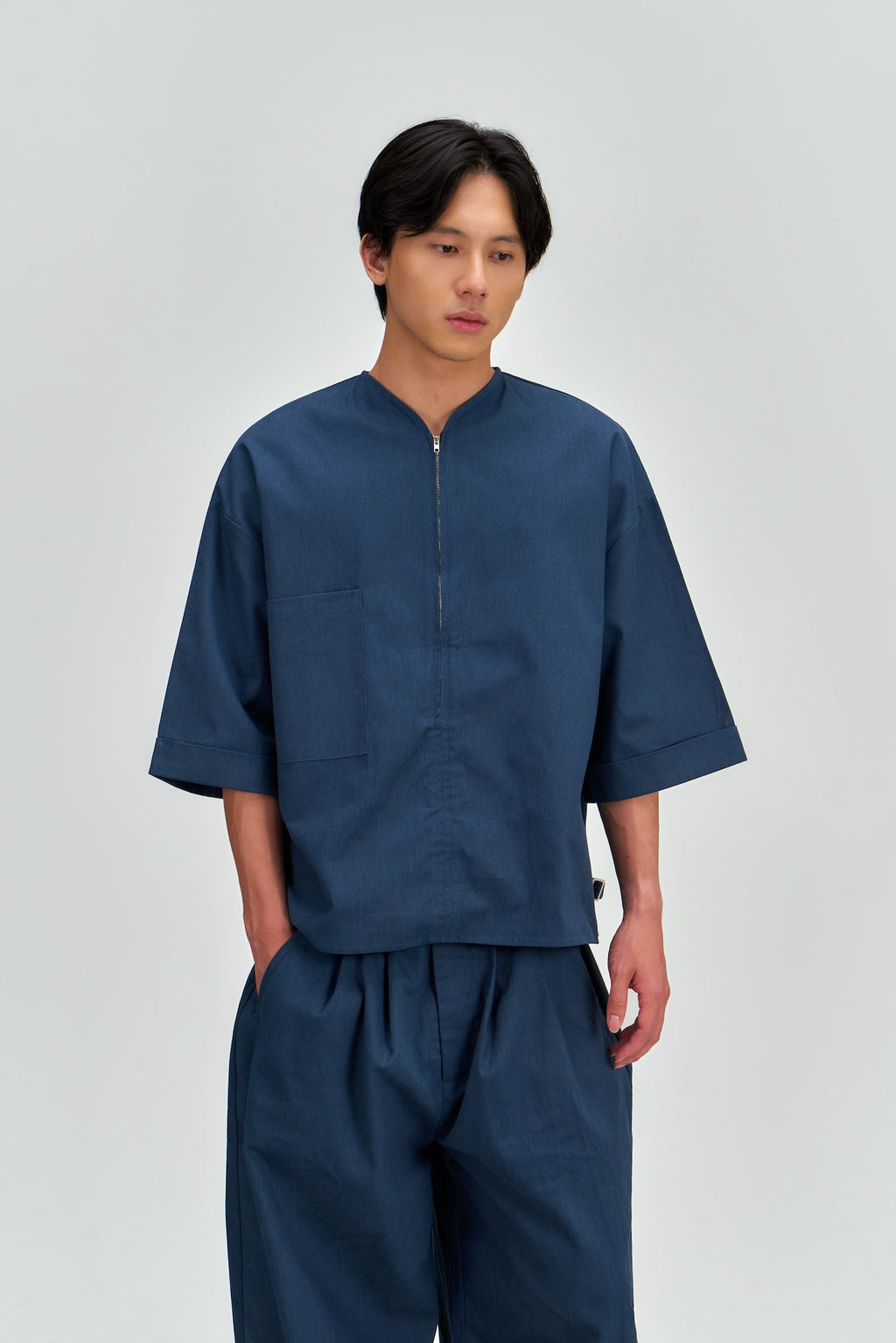 Gender Neutral Collarless Half-Zipper Shirt (Blue)