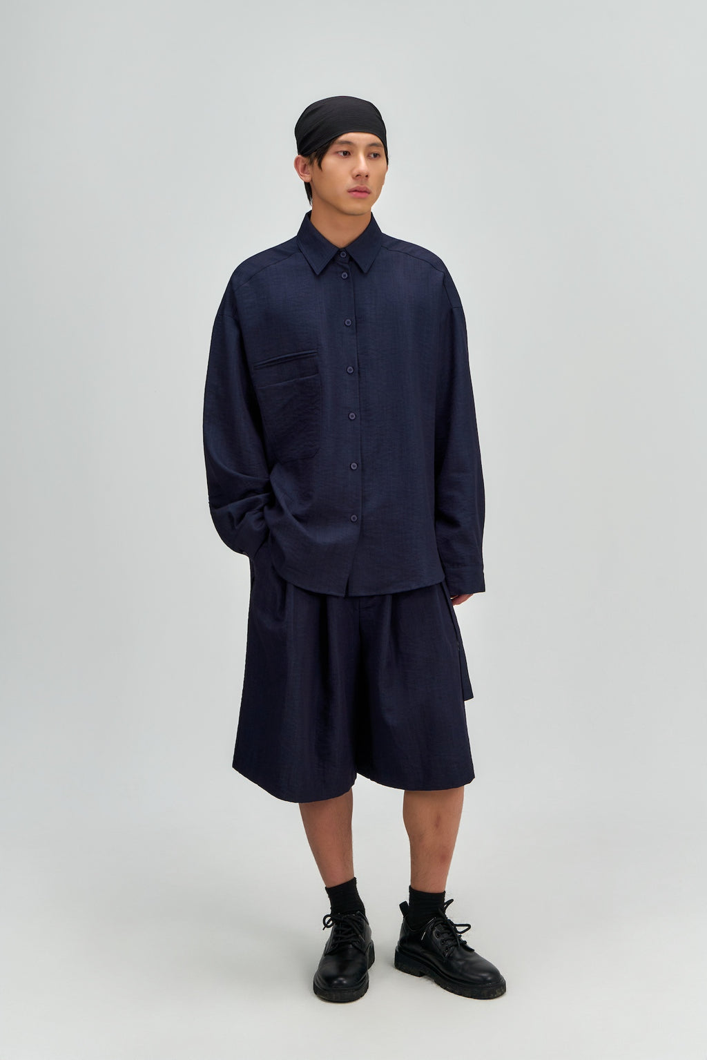 Gender Neutral Pleated Belted Shorts (Navy)