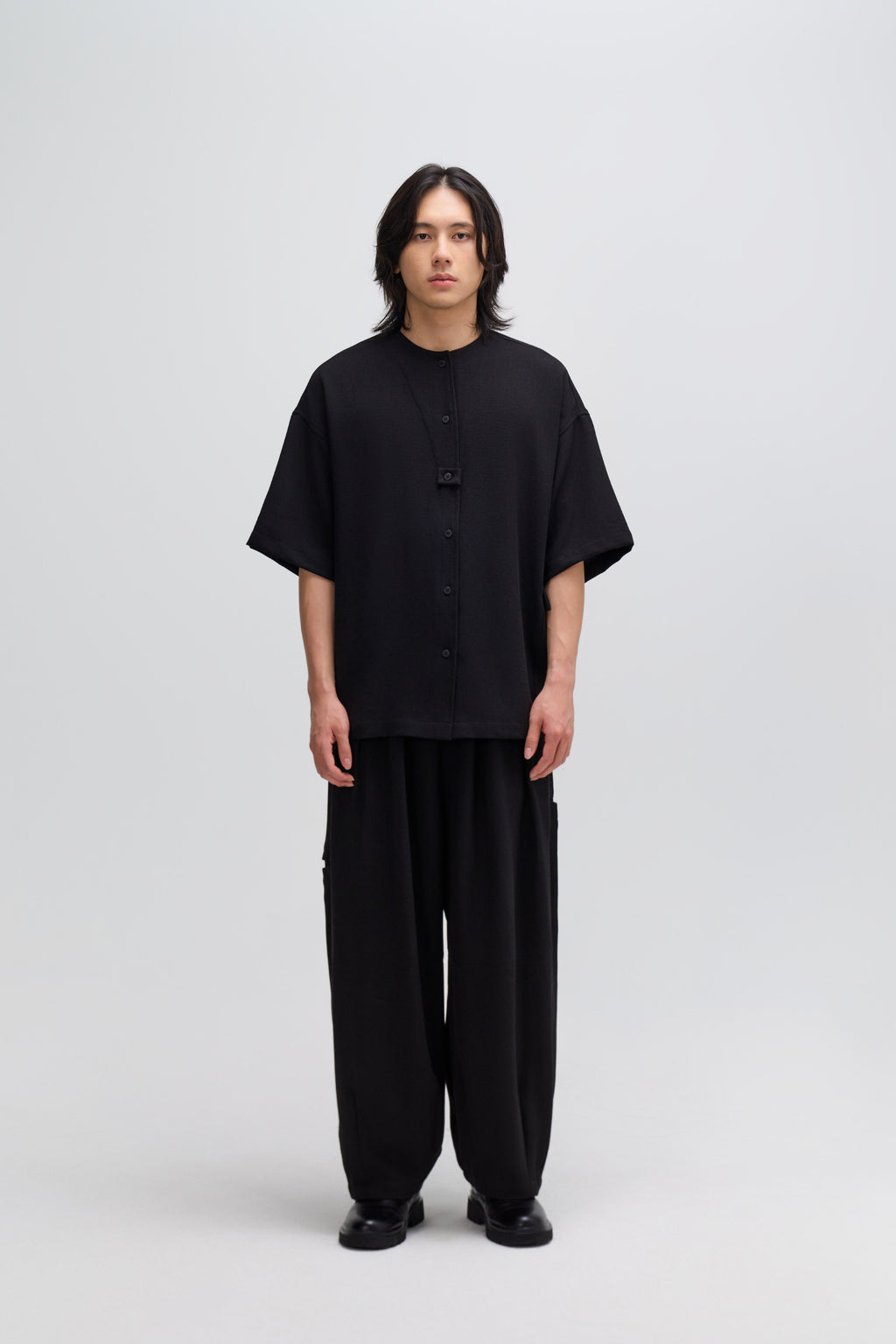 Gender Neutral Oversized Drop Shoulder Boxy Shirt (Poly Waffle Black)