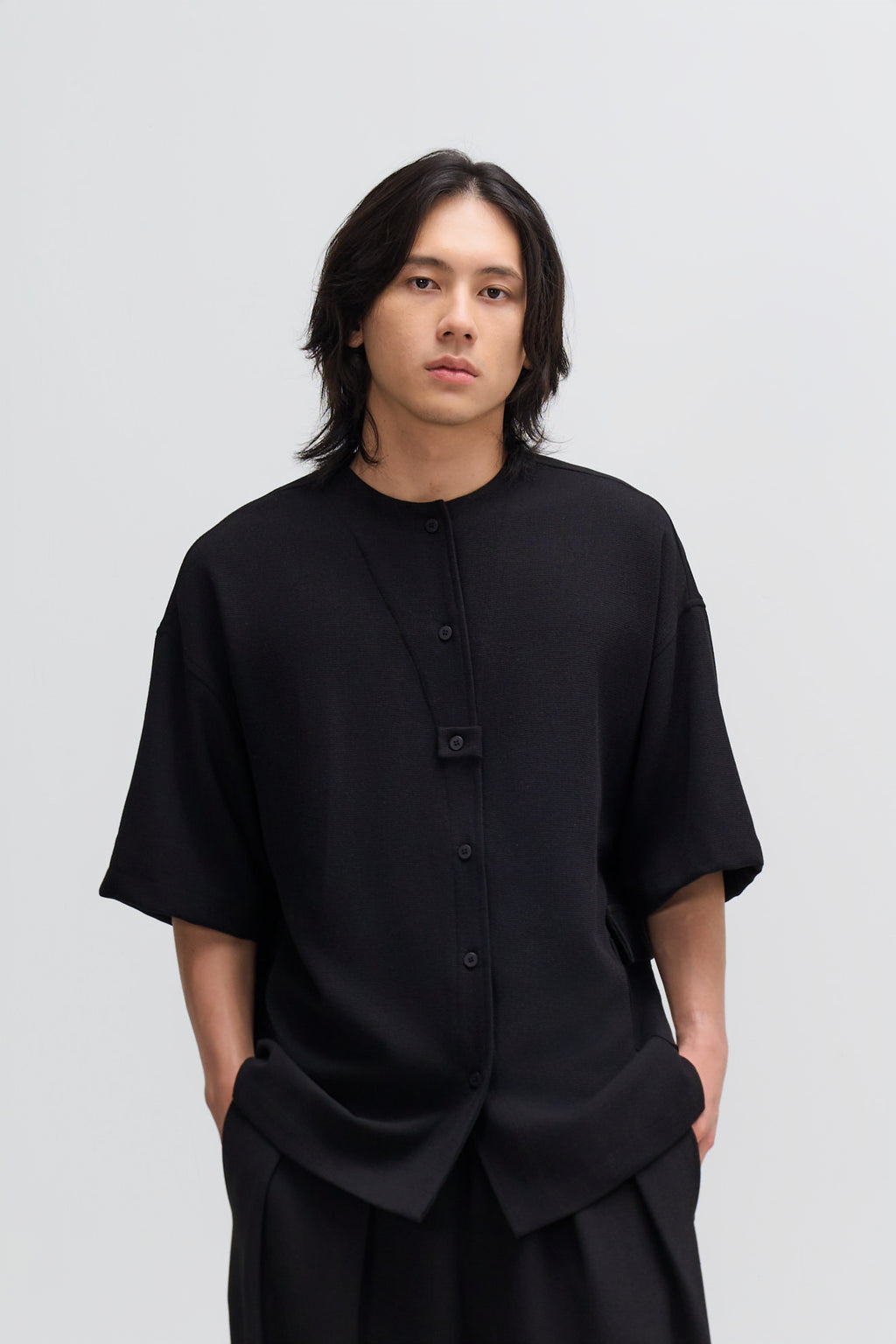 Gender Neutral Oversized Drop Shoulder Boxy Shirt (Poly Waffle Black)