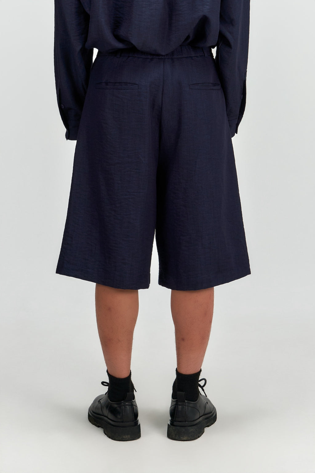 Gender Neutral Pleated Belted Shorts (Navy)