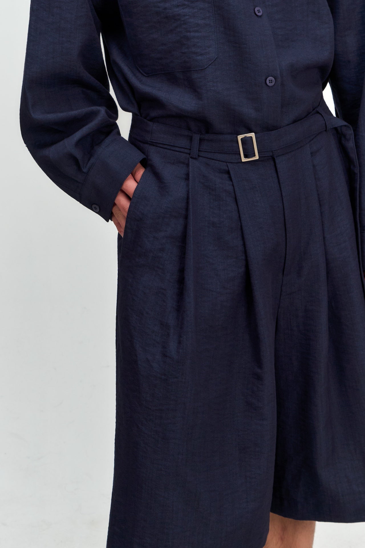 Gender Neutral Pleated Belted Shorts (Navy)