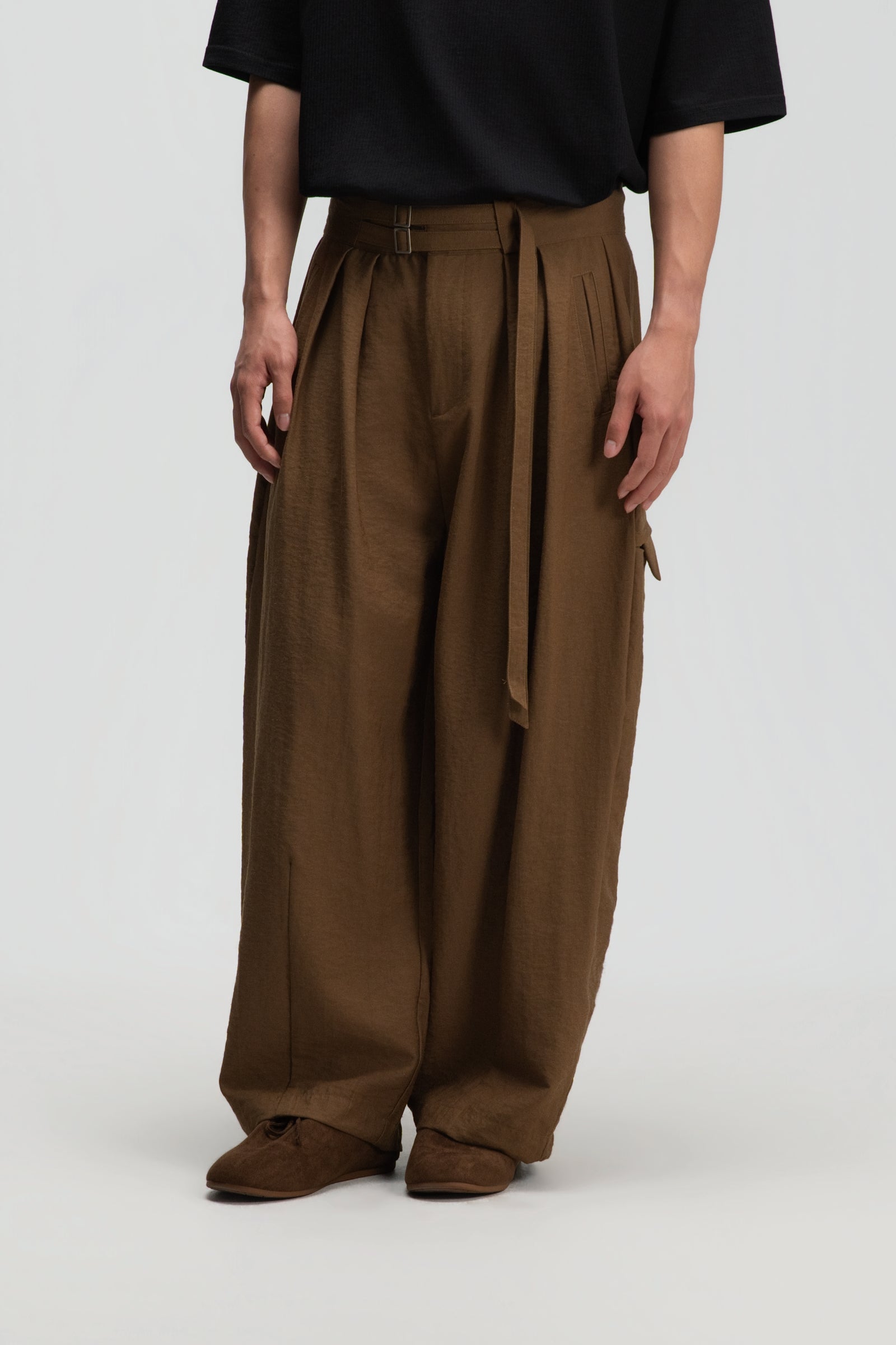 Gender Neutral Double Belted Long Trousers (Mud)