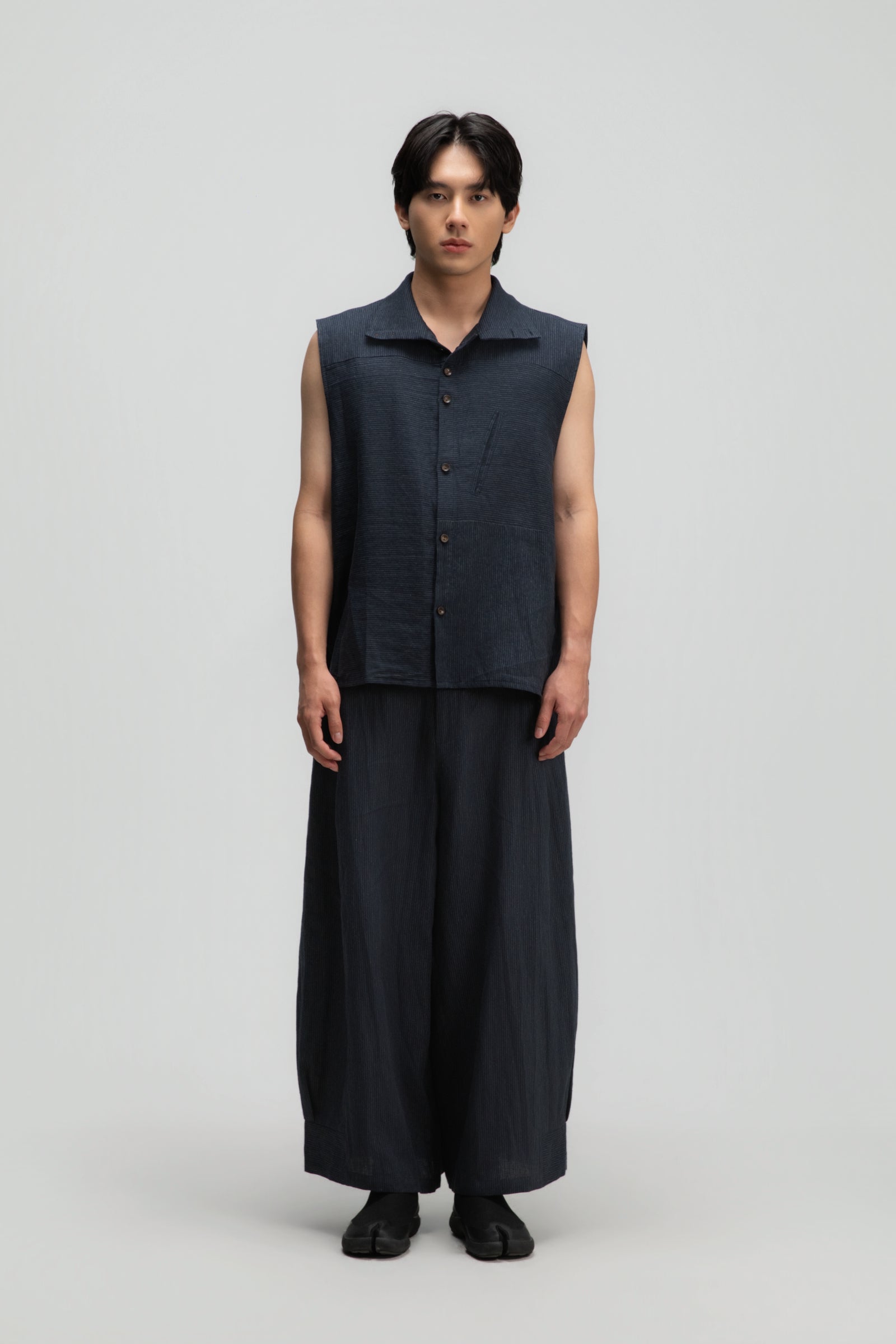 Gender Neutral Funnel Neck Vest (Navy Blue Stripe)