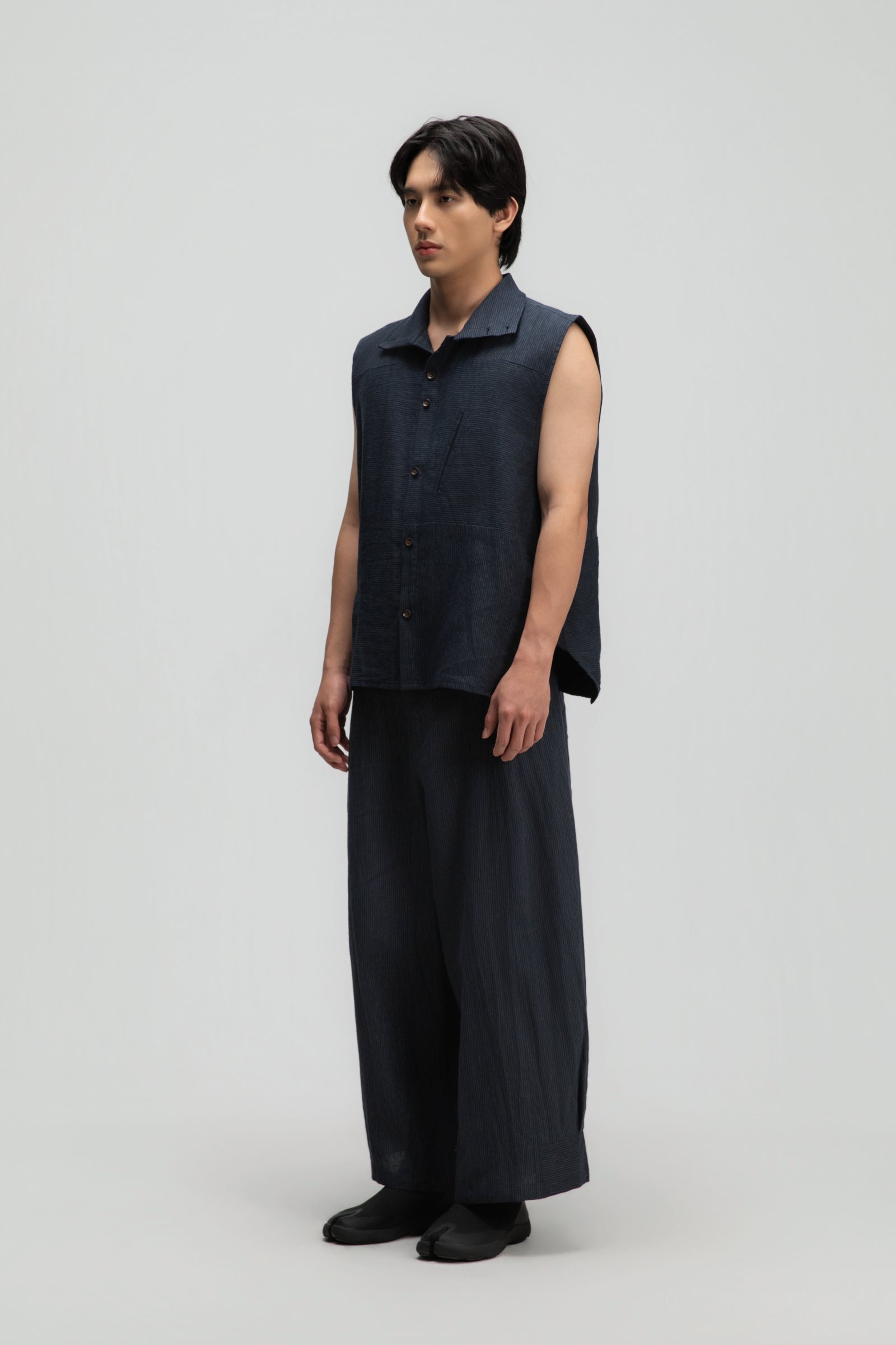 Gender Neutral Funnel Neck Vest (Navy Blue Stripe)