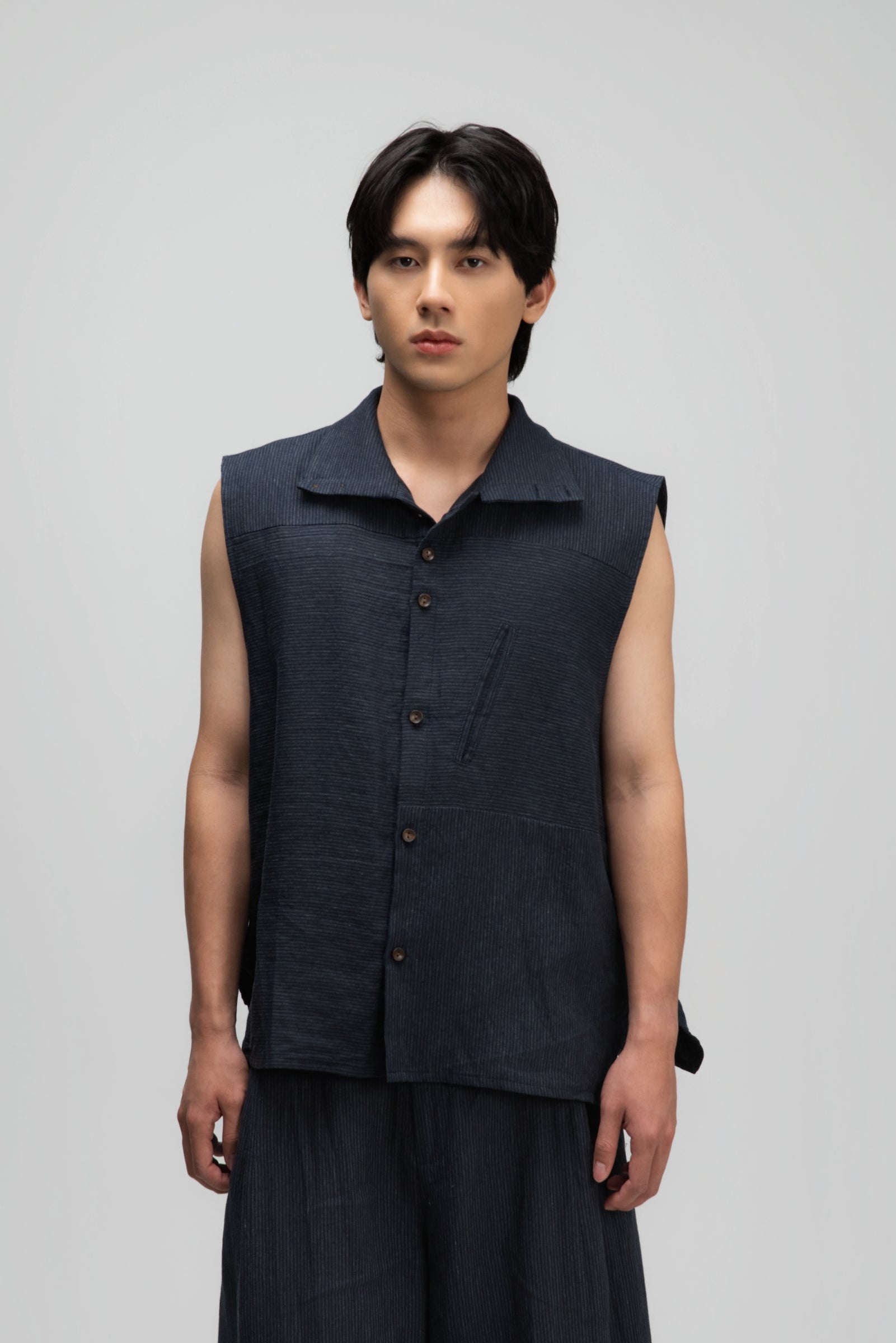 Gender Neutral Funnel Neck Vest (Navy Blue Stripe)