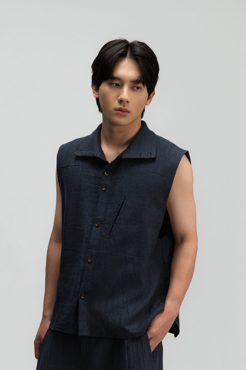 Gender Neutral Funnel Neck Vest (Navy Blue Stripe)