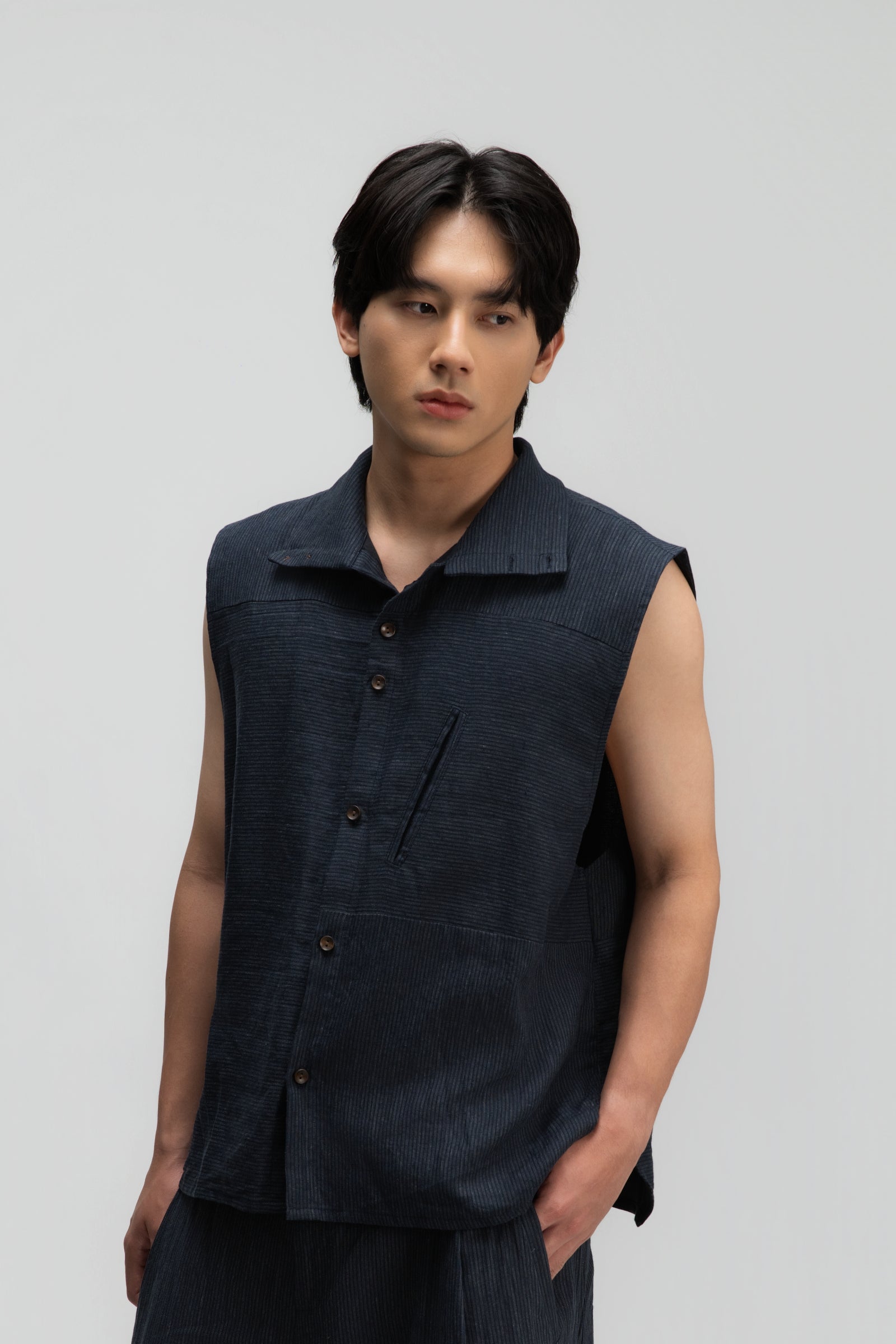 Gender Neutral Funnel Neck Vest (Navy Blue Stripe)