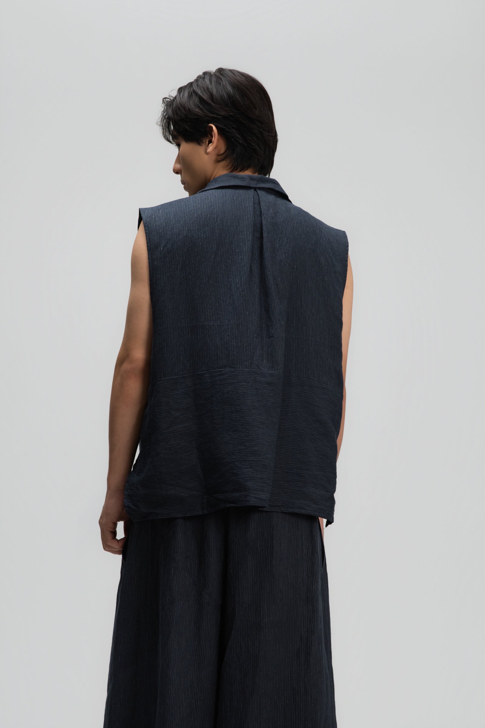 Gender Neutral Funnel Neck Vest (Navy Blue Stripe)