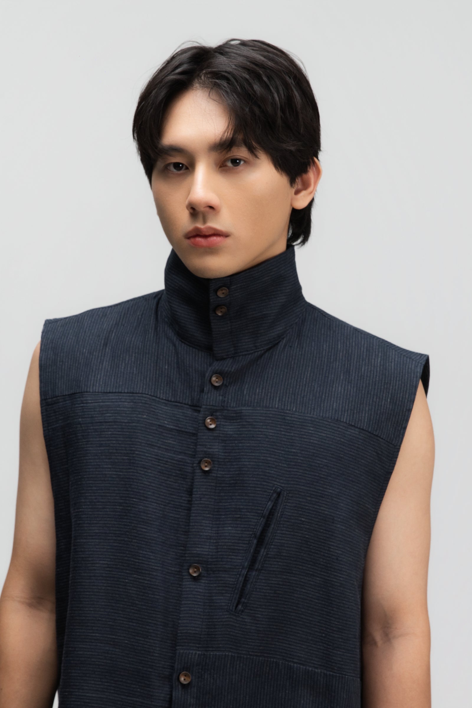 Gender Neutral Funnel Neck Vest (Navy Blue Stripe)