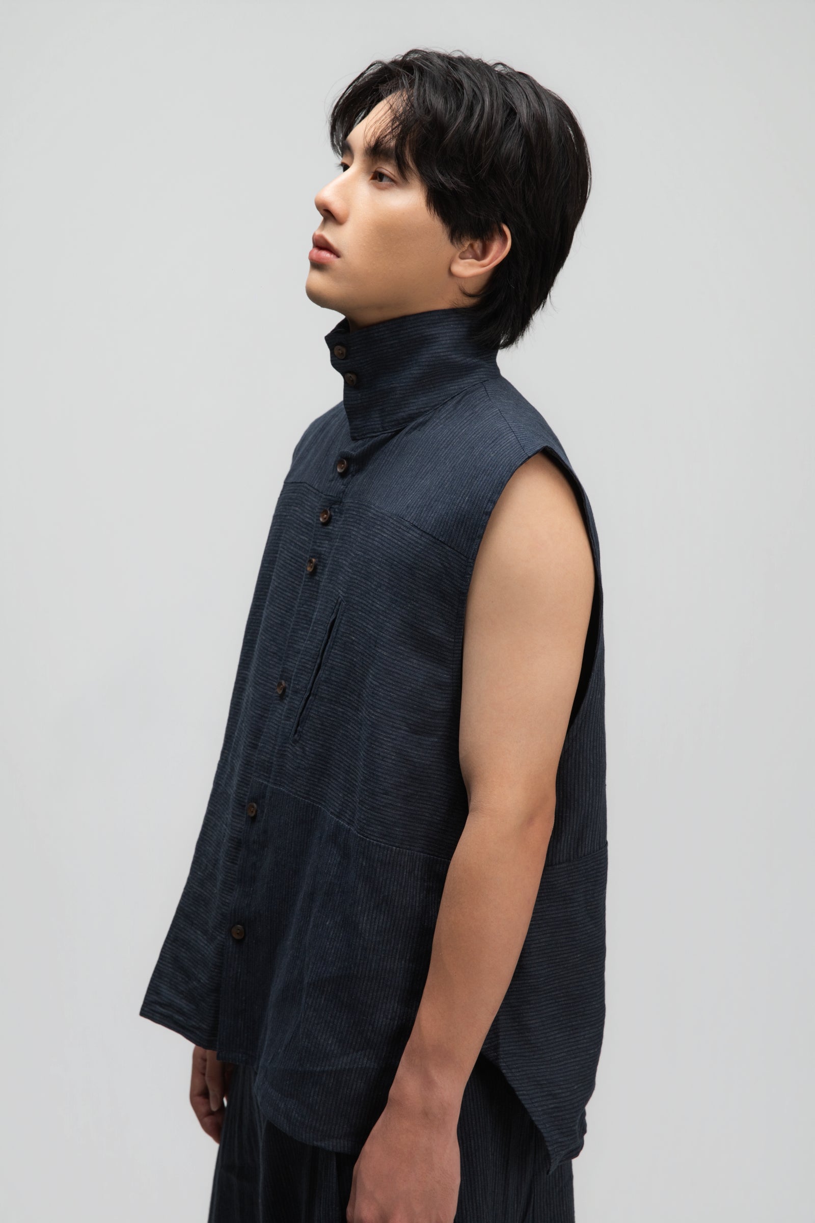 Gender Neutral Funnel Neck Vest (Navy Blue Stripe)