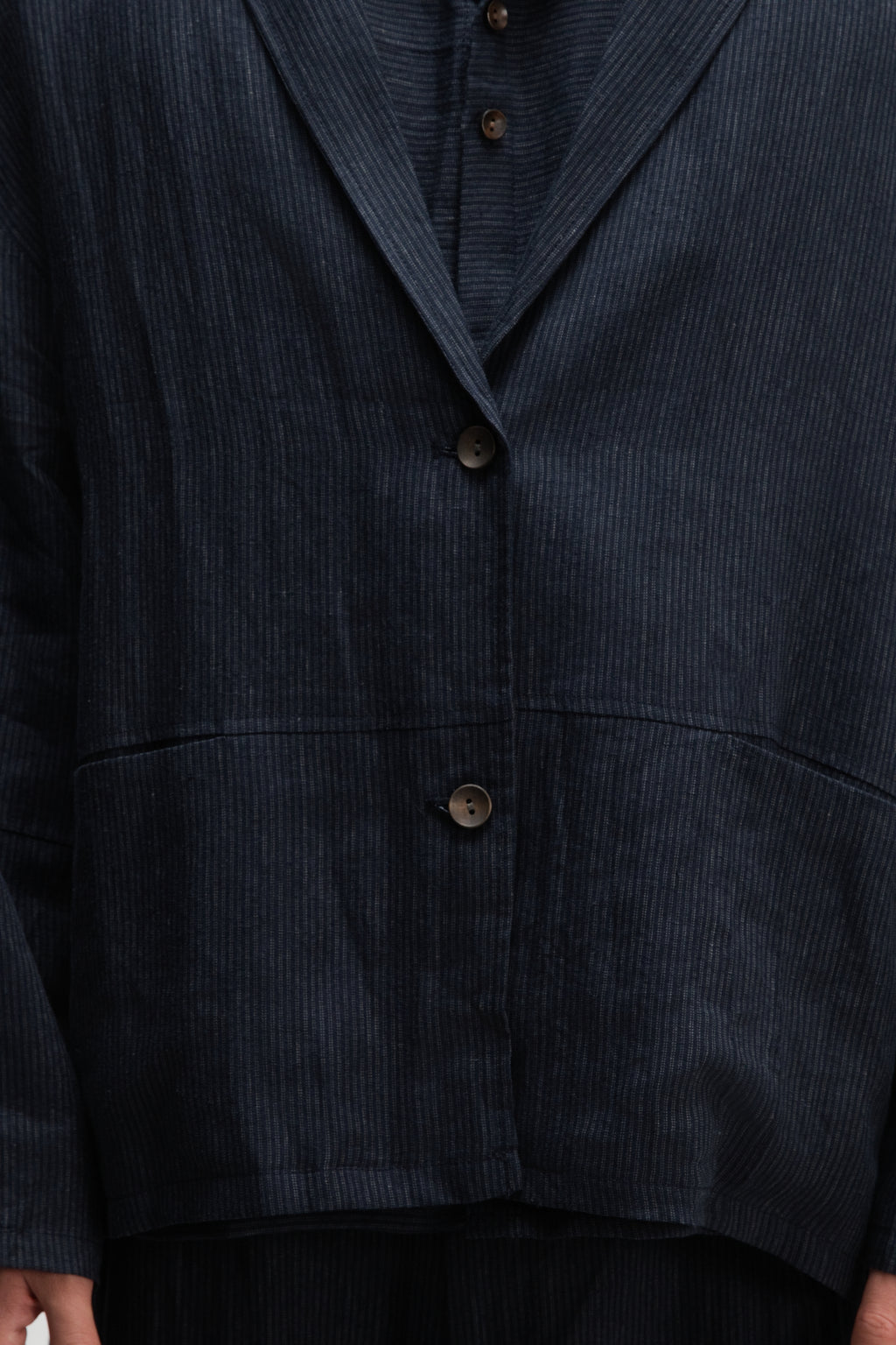 Gender Neutral Oversized Pleated Back Hem Blazer (Navy Blue Stripe)
