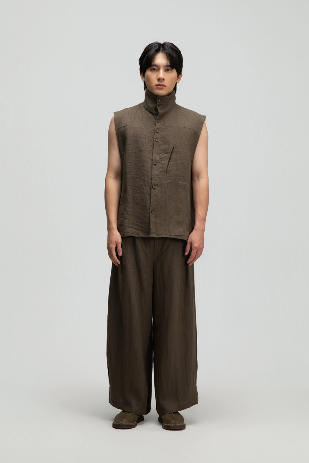 Gender Neutral Funnel Neck Vest (Olive Brown Stripe)