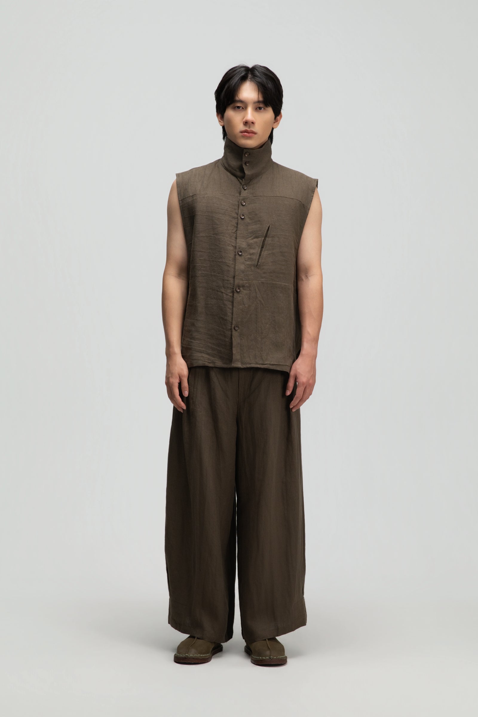 Gender Neutral Funnel Neck Vest (Olive Brown Stripe)