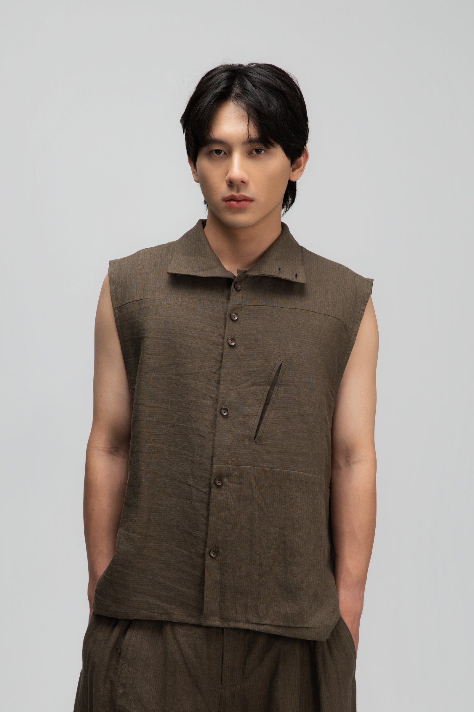 Gender Neutral Funnel Neck Vest (Olive Brown Stripe)