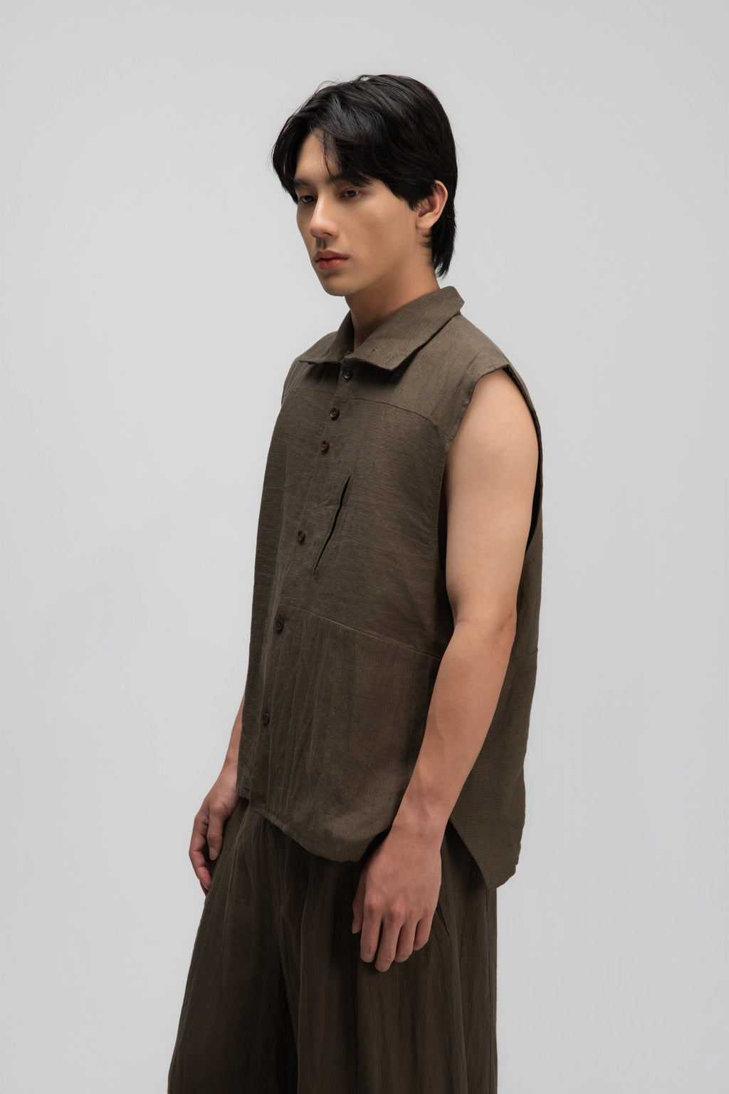 Gender Neutral Funnel Neck Vest (Olive Brown Stripe)