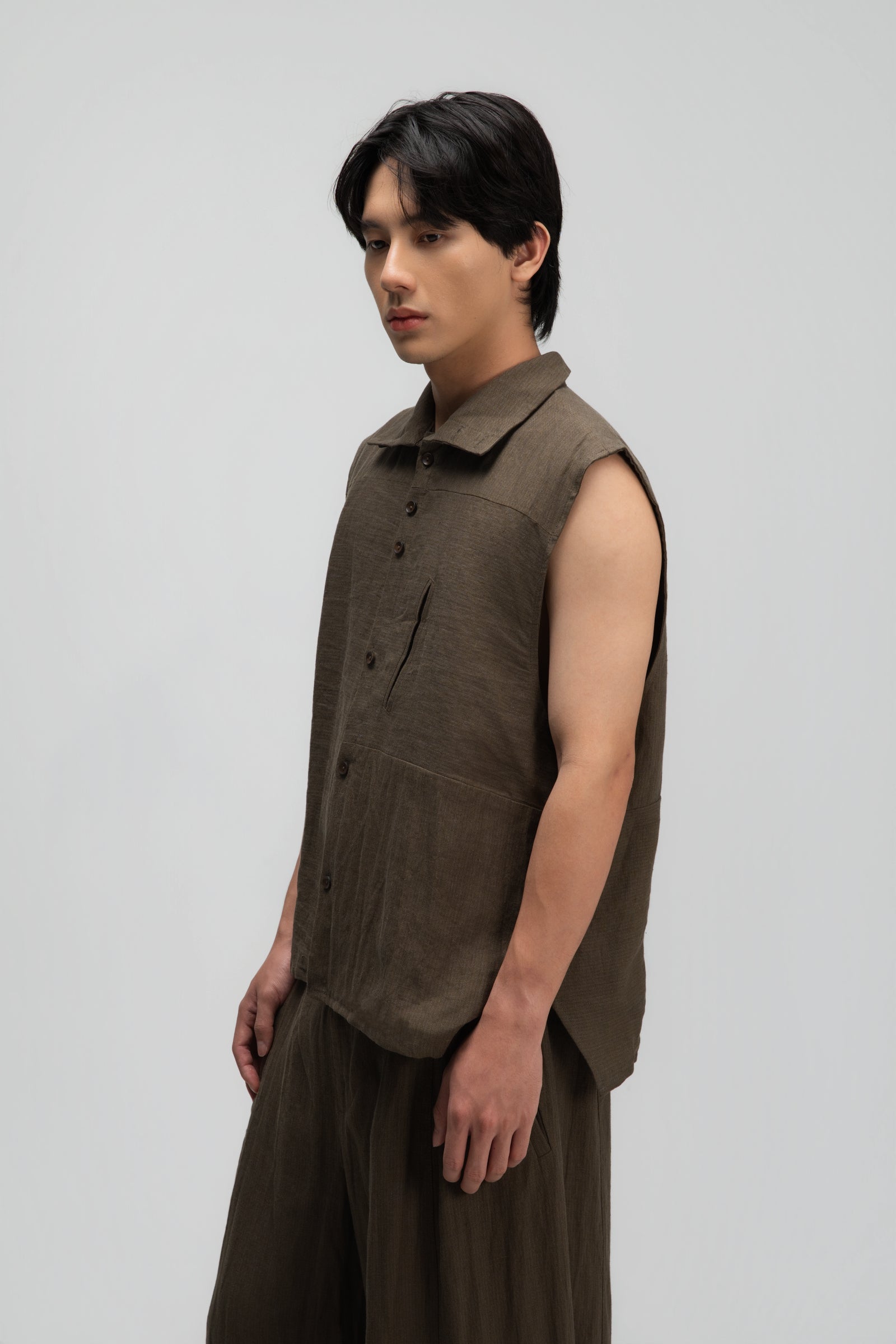 Gender Neutral Funnel Neck Vest (Olive Brown Stripe)