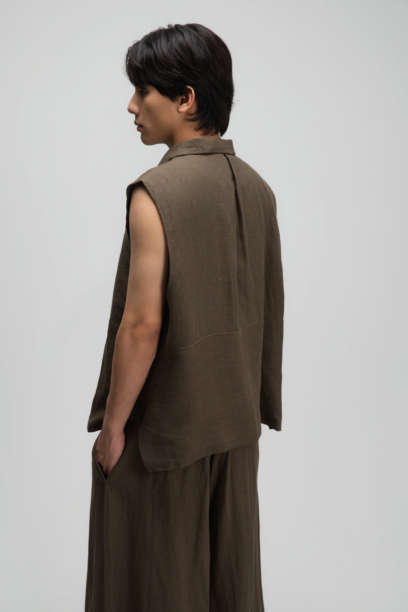 Gender Neutral Funnel Neck Vest (Olive Brown Stripe)