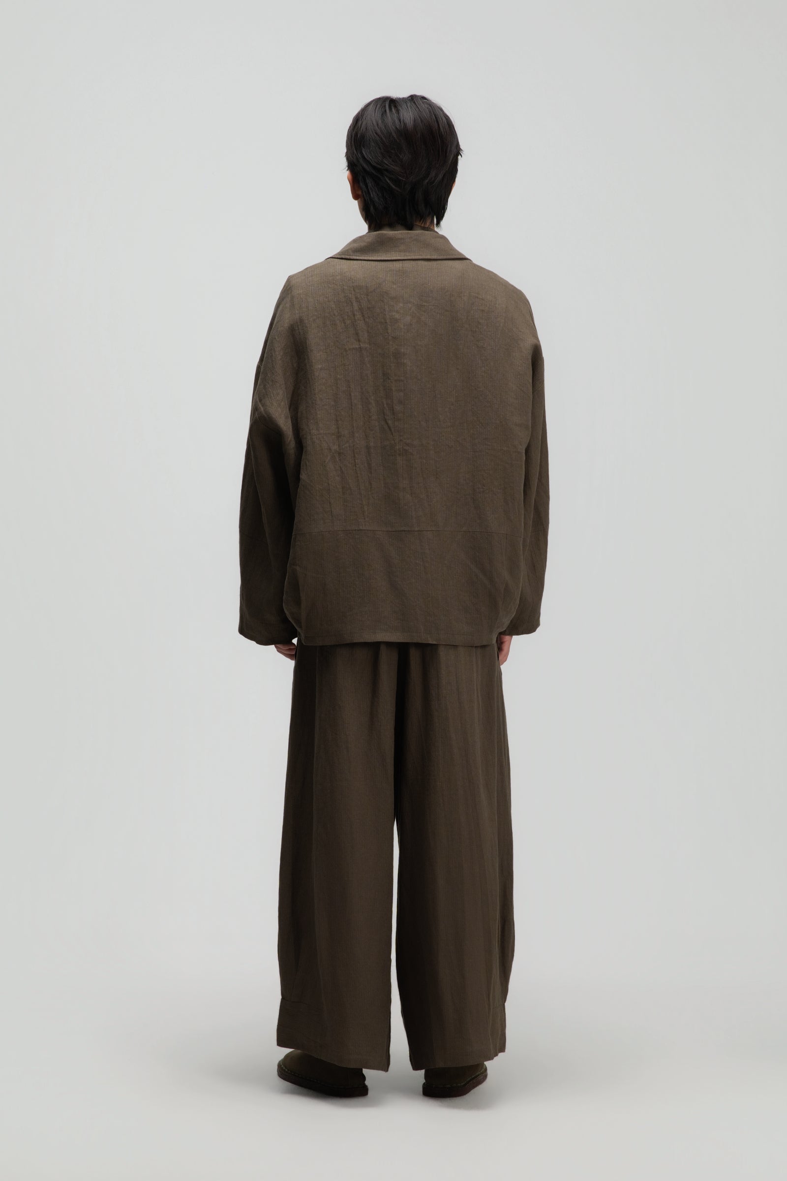 Gender Neutral Oversized Pleated Back Hem Blazer (Olive Brown Stripe)