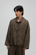 Gender Neutral Oversized Pleated Back Hem Blazer (Olive Brown Stripe)