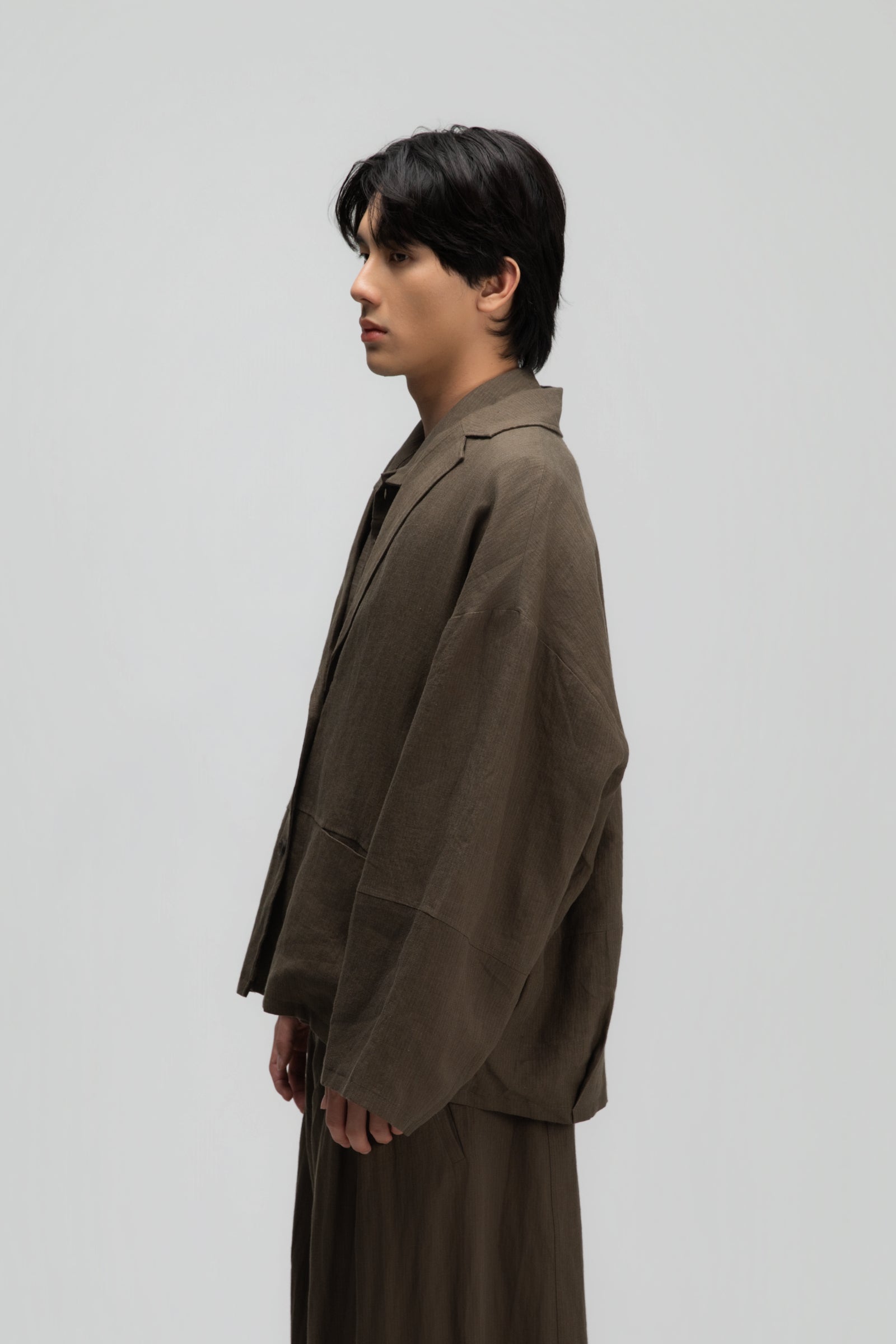 Gender Neutral Oversized Pleated Back Hem Blazer (Olive Brown Stripe)
