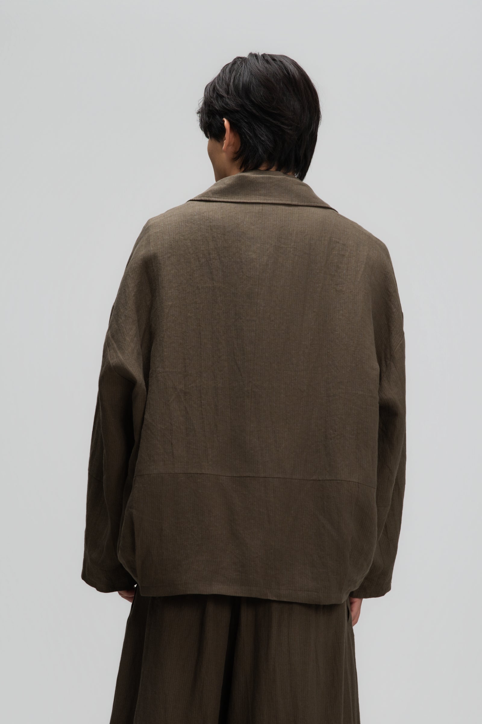 Gender Neutral Oversized Pleated Back Hem Blazer (Olive Brown Stripe)