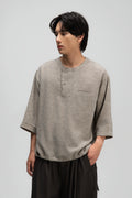 Gender Neutral 3/4 Sleeve Arc Collar Shirt (Dark Oat)
