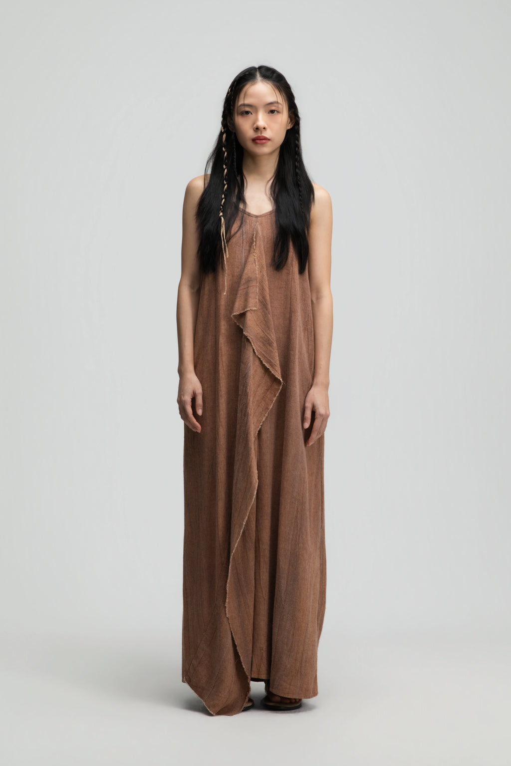 Front Drape Raw Hem Cami Dress (Tie Dye Rust)