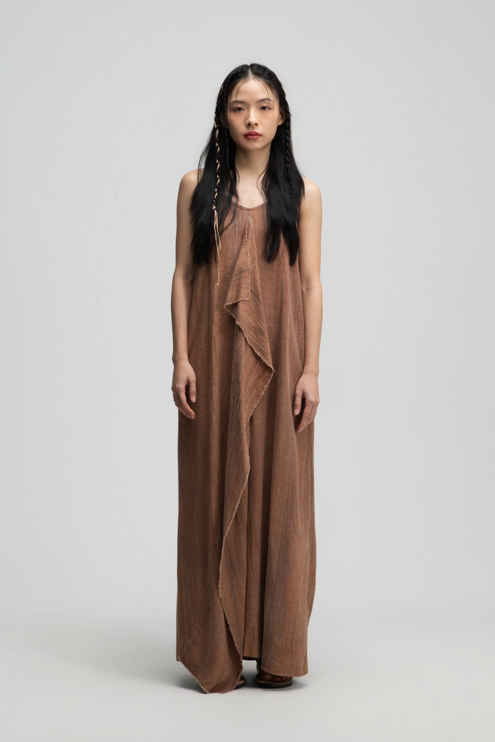 Front Drape Raw Hemp Cami Dress (Tie Dye Rust)