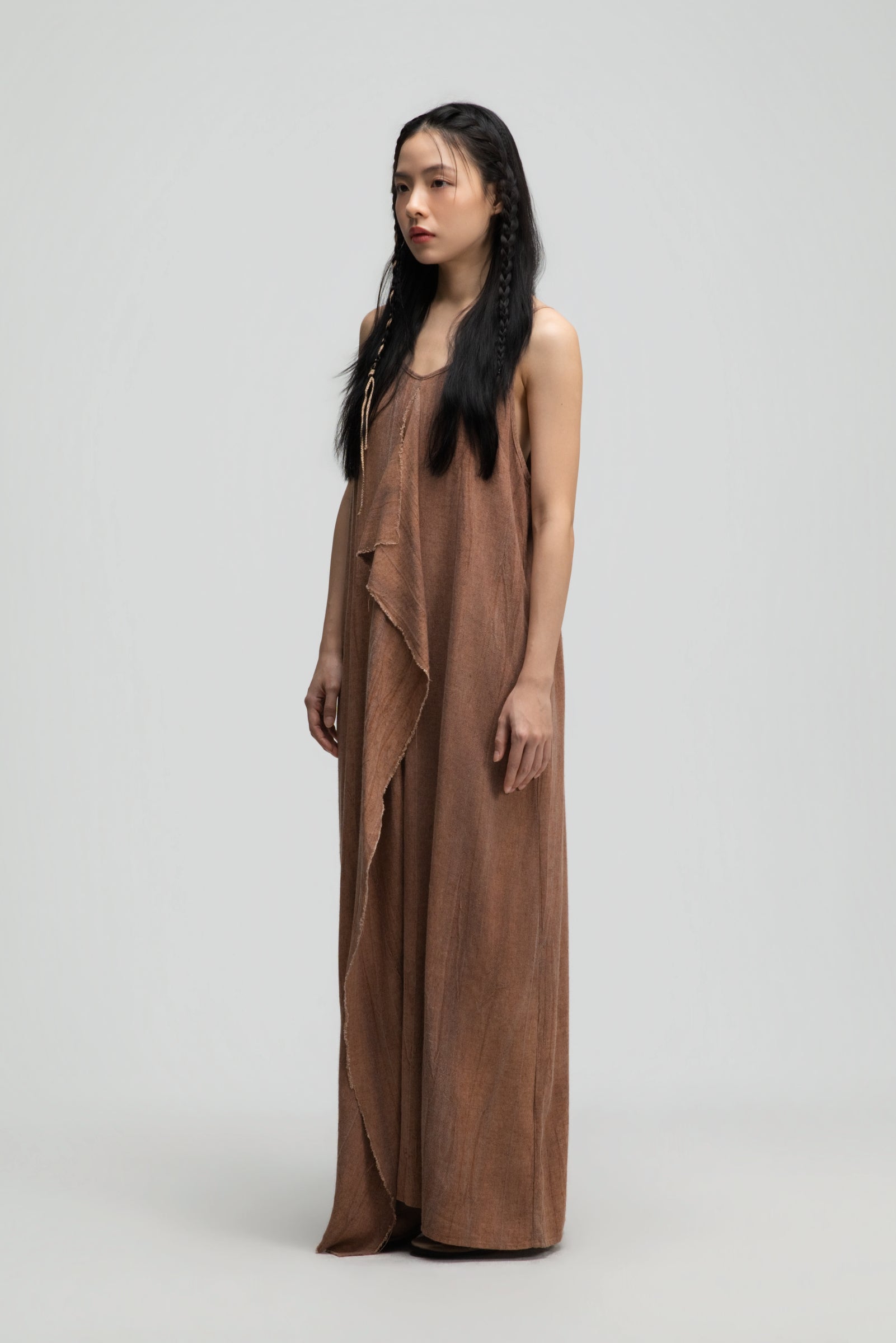 Front Drape Raw Hemp Cami Dress (Tie Dye Rust)