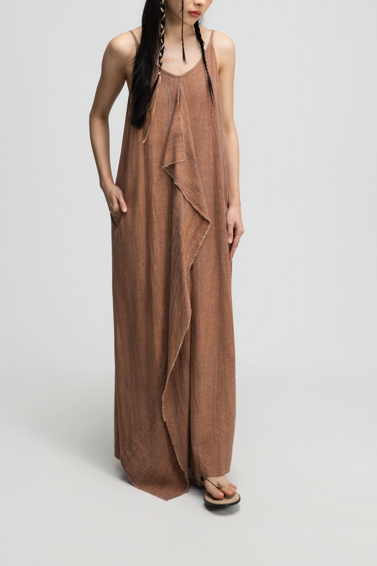 Front Drape Raw Hemp Cami Dress (Tie Dye Rust)
